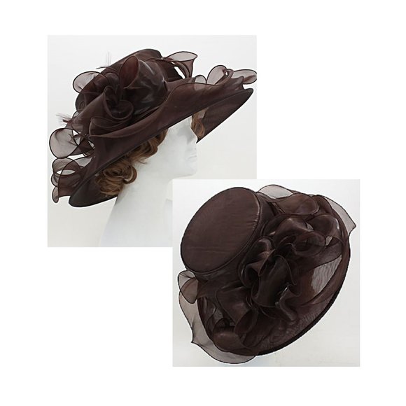 Beautiful 15" Wide Rim Brown Organza Dress Hat - Picture 6 of 6
